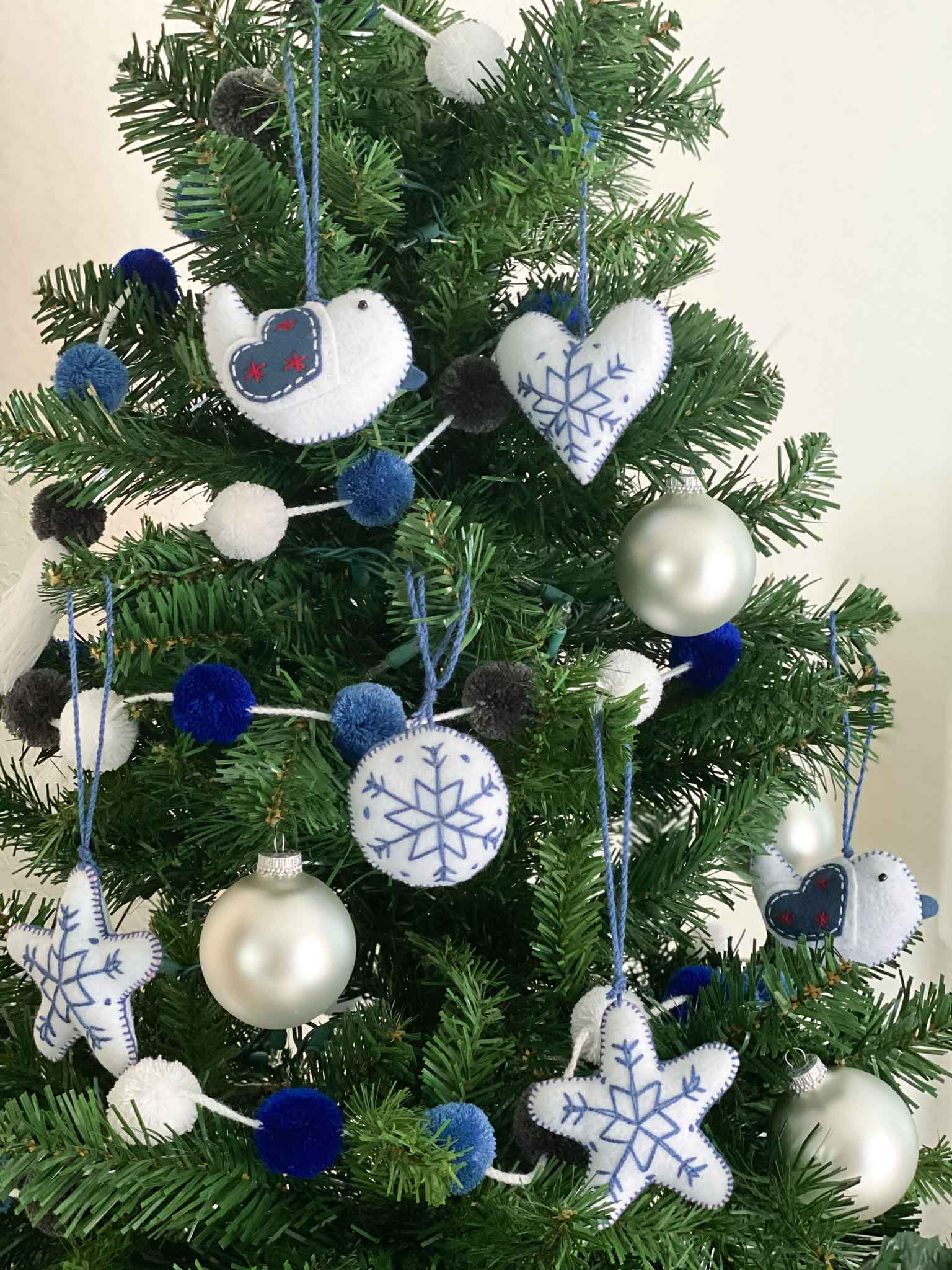 Embroidered Felt Holiday Ornaments - Slate Blue/White (Set of 6)