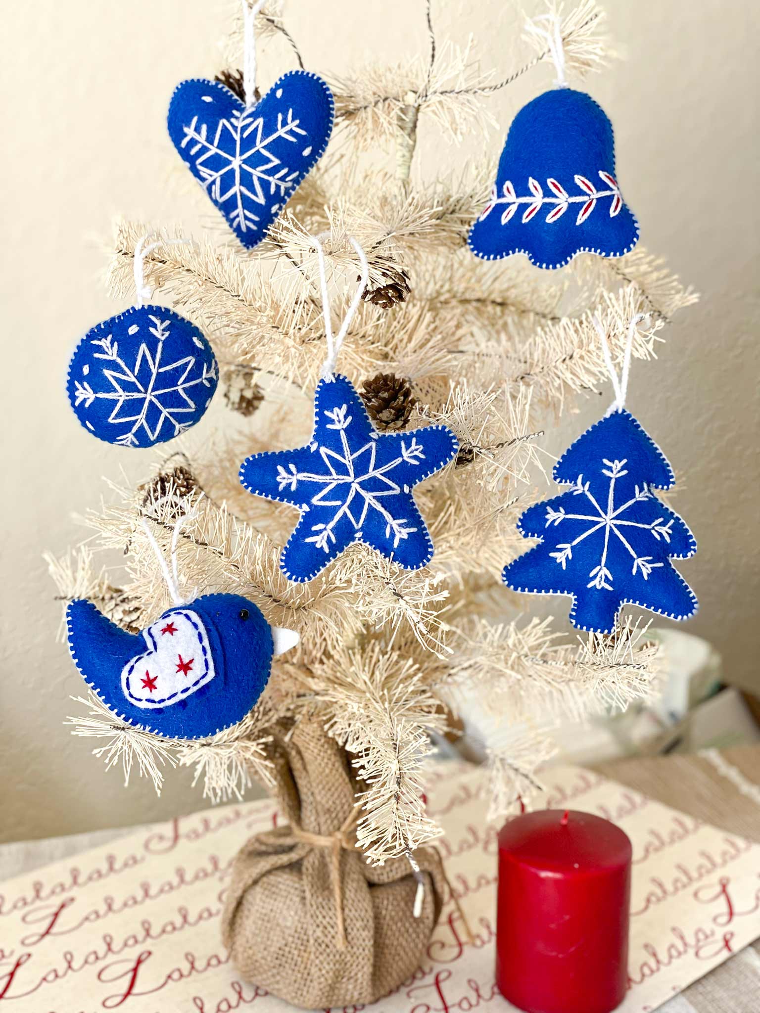 Embroidered Felt Holiday Ornaments - Slate Blue/White (Set of 6)