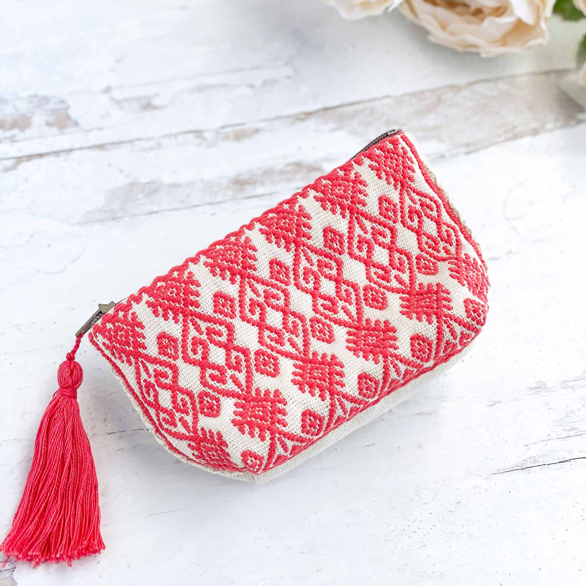 Handwoven Coin Purse with Tassel - Coral