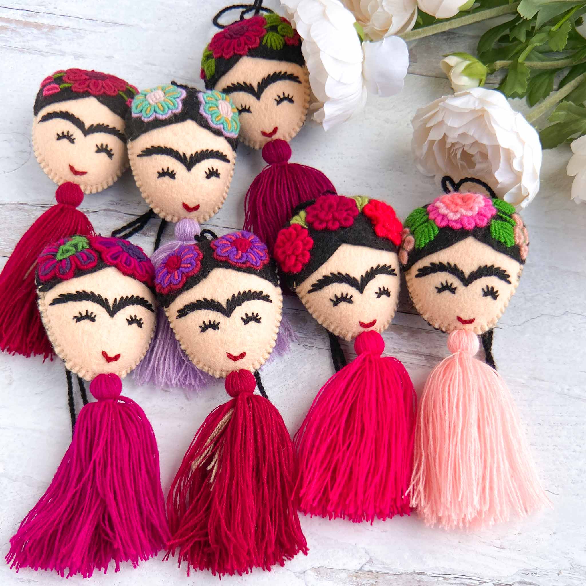 Hand-embroidered Frida Tassels in Pink | Frida Felt Bag Charms – Xula ...