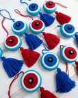 Blue and Red Evil Eye Bag Charm Tassels