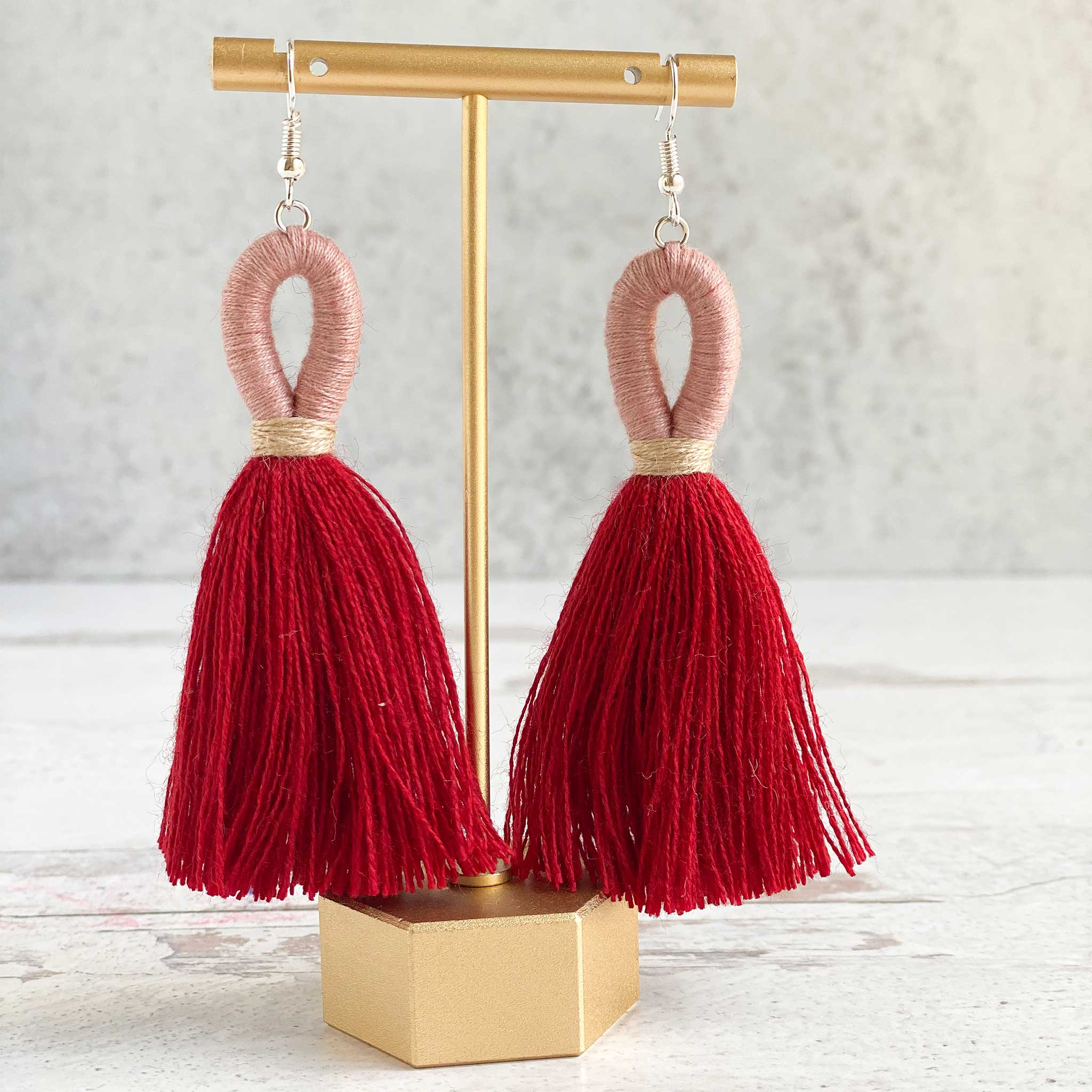 Elena Loop Tassel Earrings - Mauve/Dark Red
