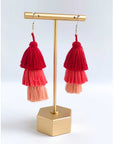 Multi-tiered Ombre Tassel earrings in red, coral and peach colors