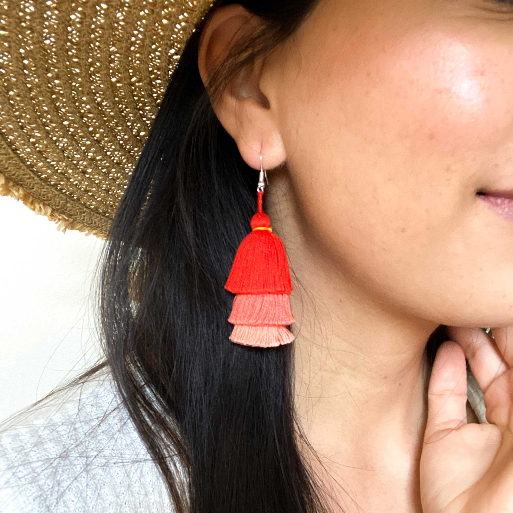 Tiered Tassel Earrings - Red/Pink Ombre