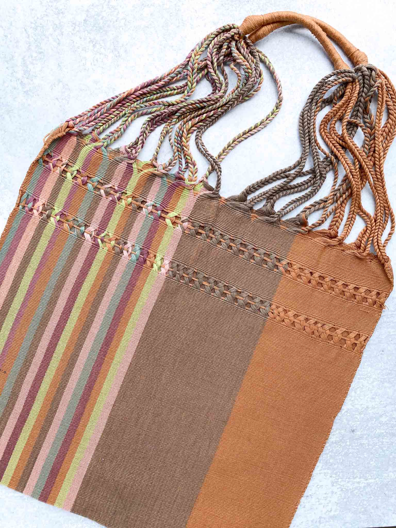 Aerial view of Boho Handwoven Cotton Tote in Burlywood Stripes
