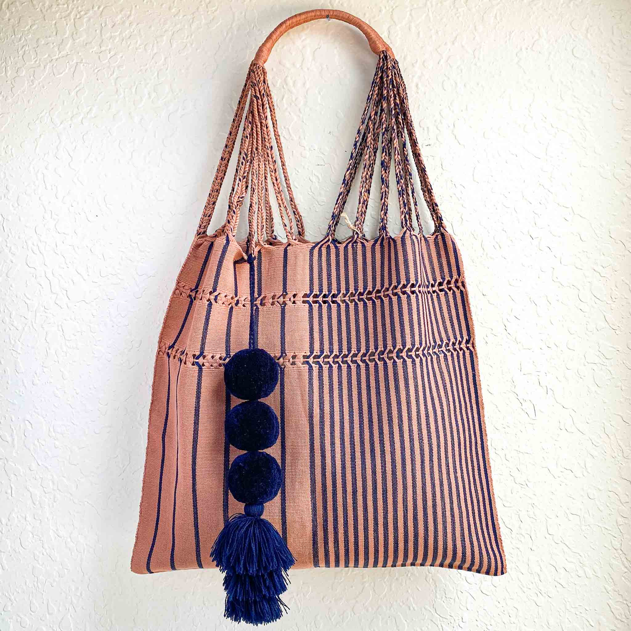 Handwoven Cotton Tote - Mauve in Navy Stripes