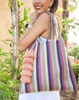 Handwoven Cotton Tote w/ Tassel - Navy Rose Stripes