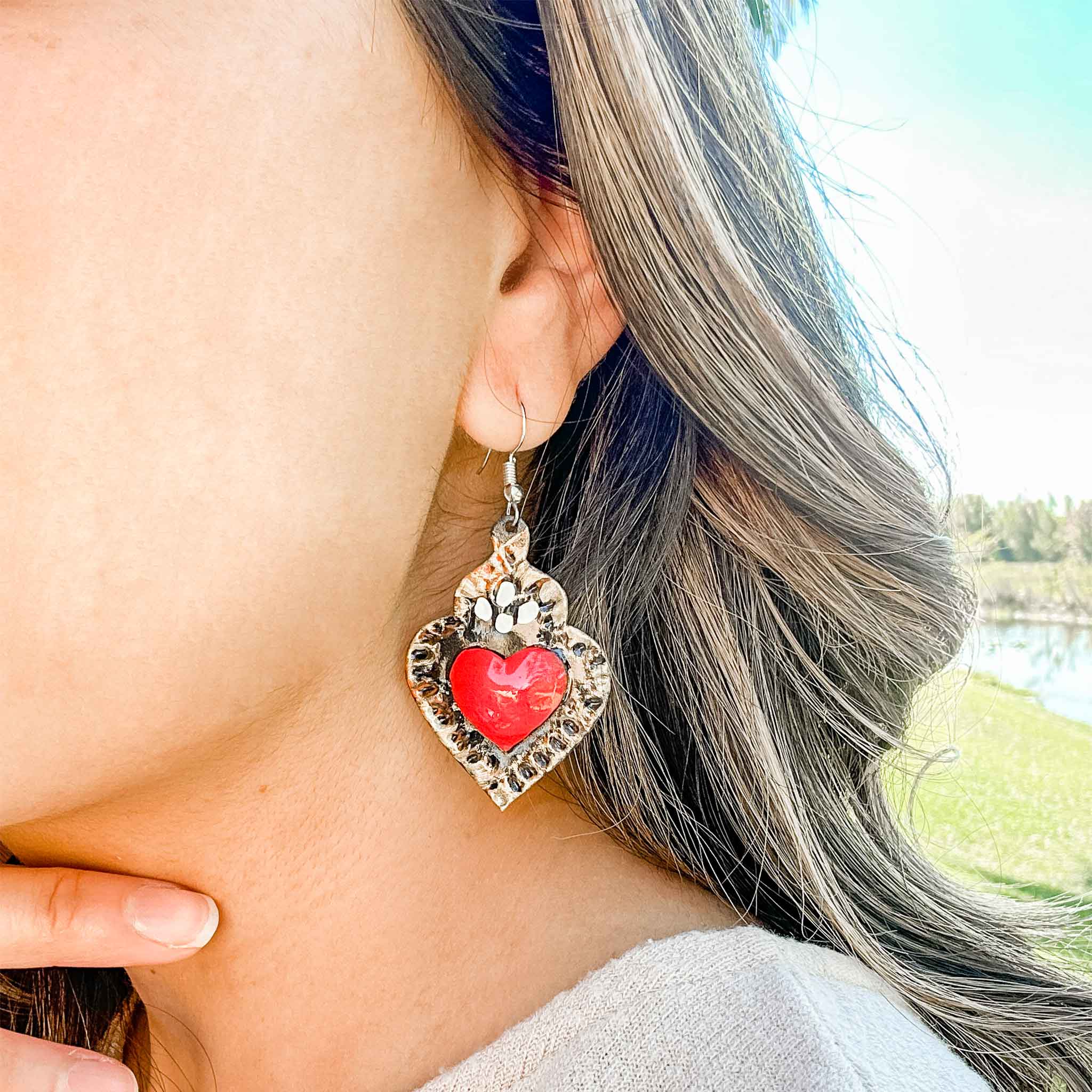 Tin Heart Earrings - Red