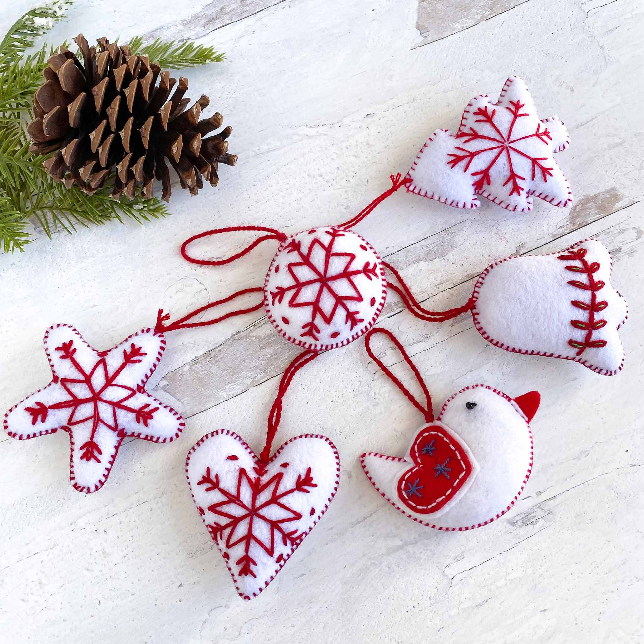 Embroidered Holiday Felt Ornaments - Red/Natural (Set of 6)